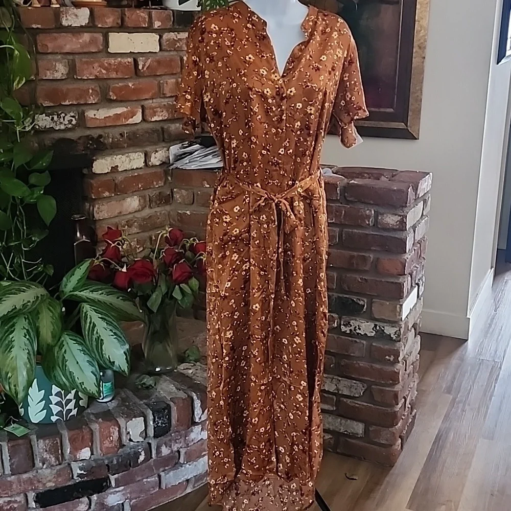 Lovestitch Rust Floral Wrap Midi Dress Boho Chic Tie Waist - Picture 2 of 10